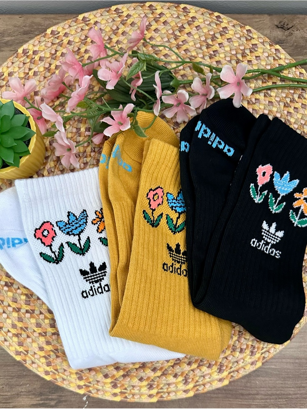 adidas Floral Trefoil Crew Socks - White, Mustard & Black